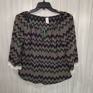 Vintage Pronto USA Women's Tie Front Top Long Sleeve Crochet Hem Sleeve Size S